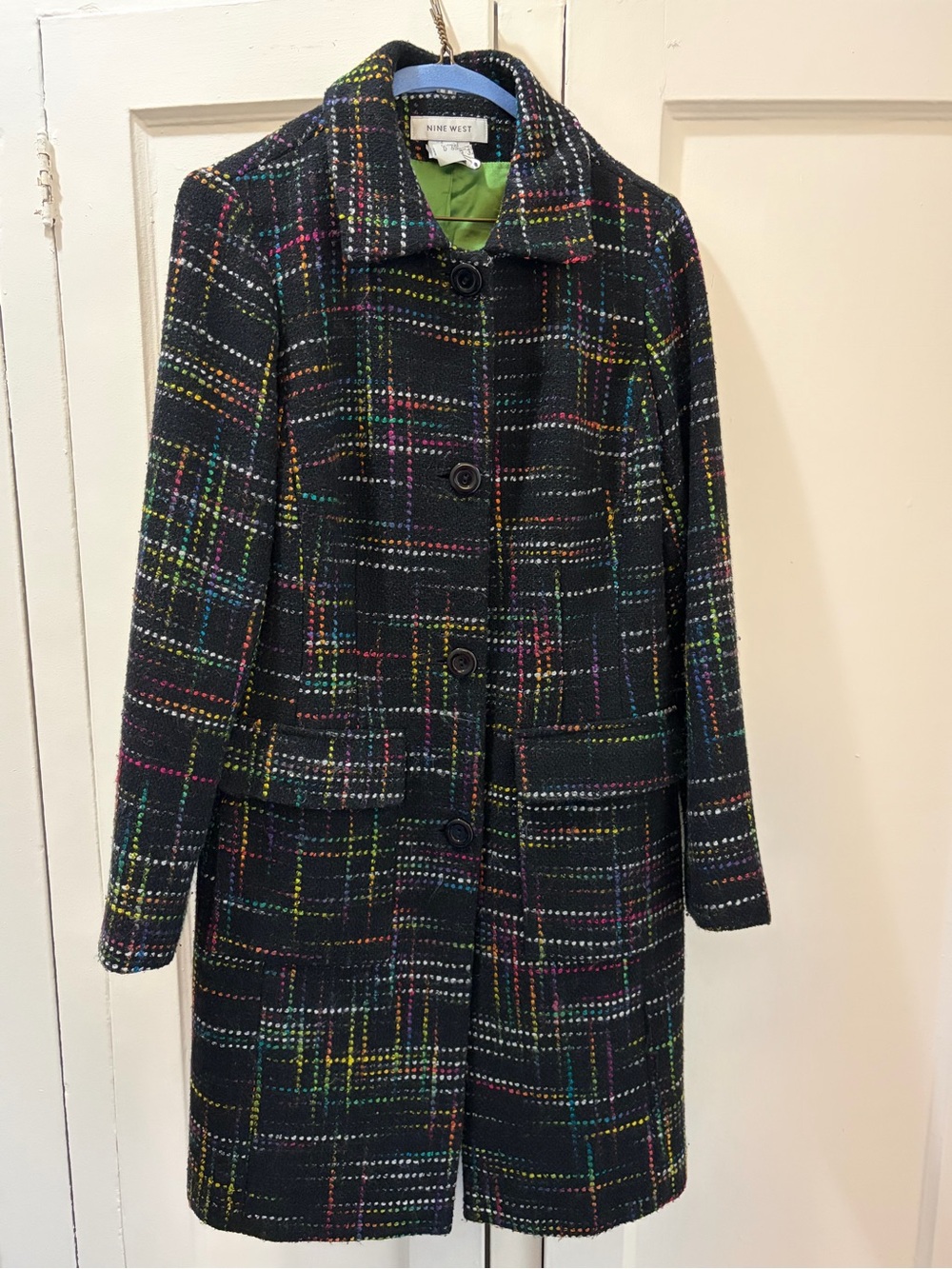 Nine West Black Wool Blend Plaid Peacoat Jacket Small Colorful Tweed Coat